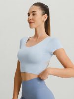 Light Blue Cross Mesh Back Short Sleeve Top-Light Support - Image 3