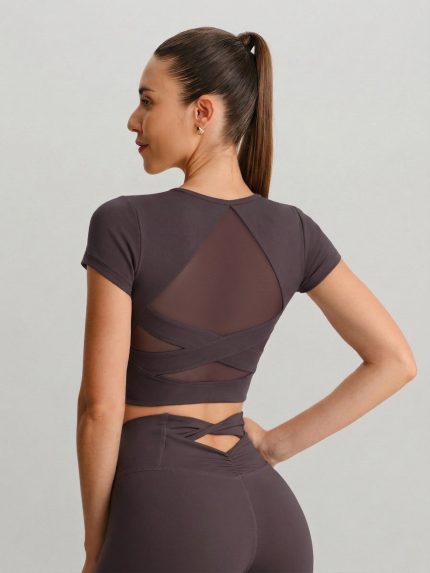 Purple Cross Mesh Back Short Sleeve Top-Light Support