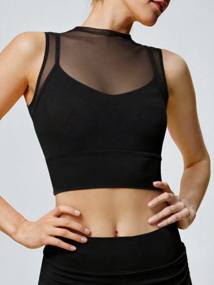 Black Mesh Sleeveless Tank Top - Light Support
