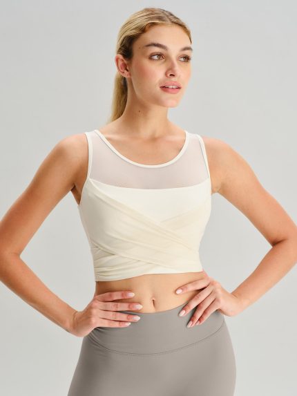 Beige Mesh Cross-Front Tank Top - Light Support