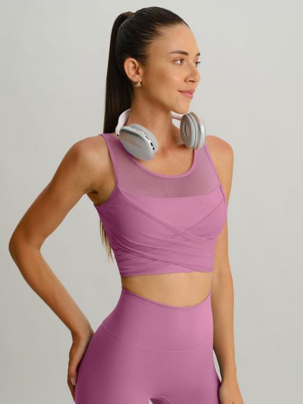 Pink Mesh Cross-Front Tank Top - Light Support