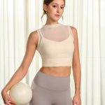Cream Mesh Panel Mock Neck Tank Top