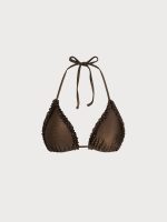 Dark Coffee Ruffled Halter Triangle Bikini Top - Image 9