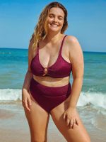 Burgundy Jacquard O-Ring Plus Size Bikini Top - Image 3