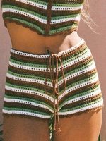 Green Striped Crochet Cover-Up Shorts