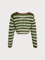 Green Striped V-Neck Crochet Cover-Up - Image 7