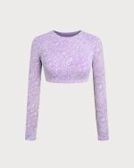 Purple Long Sleeves Textured Crop Surf Top - Image 3