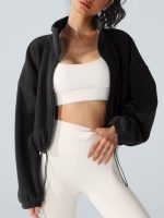 Black Cropped Fleece Zip-Up Sports Jacket - Image 5