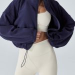 Navy Cropped Fleece Zip-Up Sports Jacket