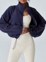 Navy Cropped Fleece Zip-Up Sports Jacket