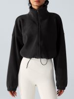 Black Cropped Fleece Zip-Up Sports Jacket - Image 6