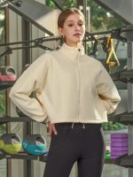 Cream Cropped Fleece Zip-Up Sports Jacket