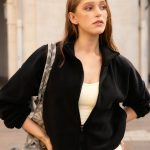 Black Cropped Fleece Zip-Up Sports Jacket