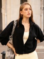Black Cropped Fleece Zip-Up Sports Jacket