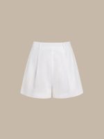 White High-Waisted Pleated Cotton-Linen Shorts - Image 7