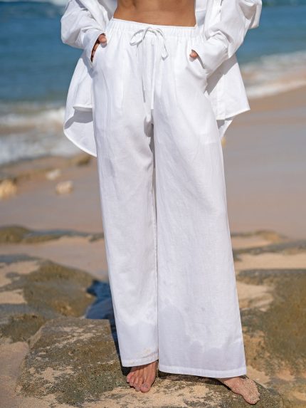 White Cotton-Linen Wide-Leg Cover-Up Pants