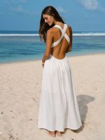 White V Neck Plaeted Beach Dress - Image 7