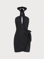 Black Halter Tortoise Accent Cutout Wrap Dress - Image 7