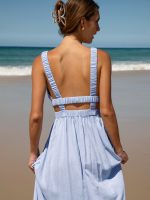 Pale Blue Smocked Strap Cutout Waist Beach Dress - Image 2