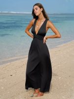 Black V Neck Plaeted Beach Dress - Image 6