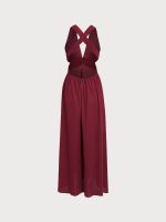 Wine Red V Neck Plaeted Beach Dress - Image 12
