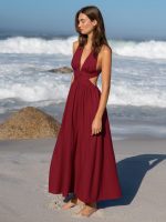 Wine Red V Neck Plaeted Beach Dress - Image 3