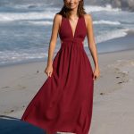 Wine Red V Neck Plaeted Beach Dress
