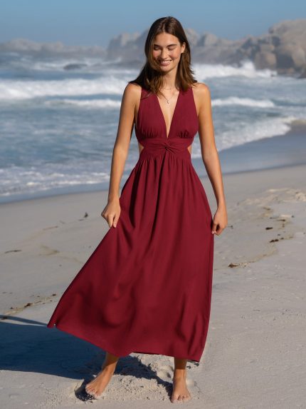 Wine Red V Neck Plaeted Beach Dress