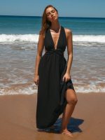 Black V Neck Plaeted Beach Dress - Image 3