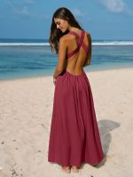 Wine Red V Neck Plaeted Beach Dress - Image 8
