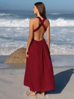 Wine Red V Neck Plaeted Beach Dress - Image 2