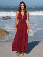 Wine Red V Neck Plaeted Beach Dress - Image 4