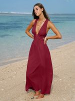 Wine Red V Neck Plaeted Beach Dress - Image 7